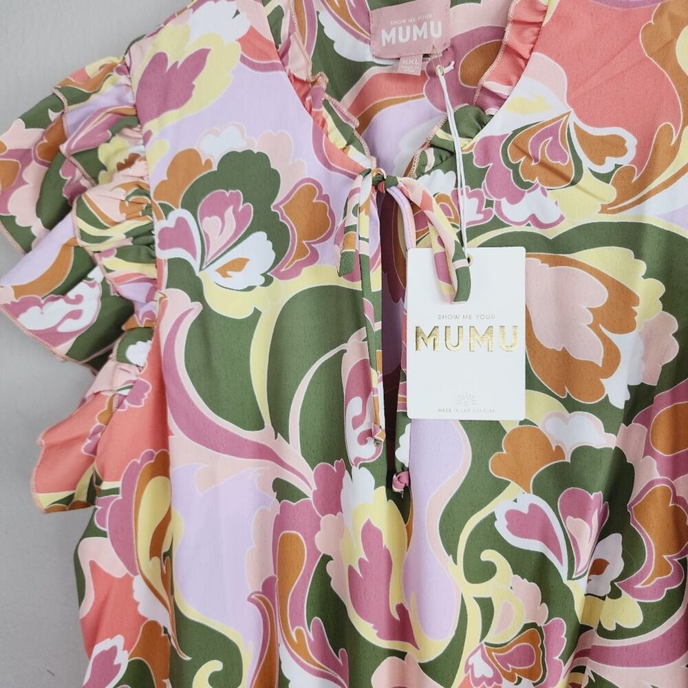 Show Me Your Mumu Wild Dreams Retro Ruffle Mini Dress Pink Green Floral NWT XXL - Picture 9 of 13